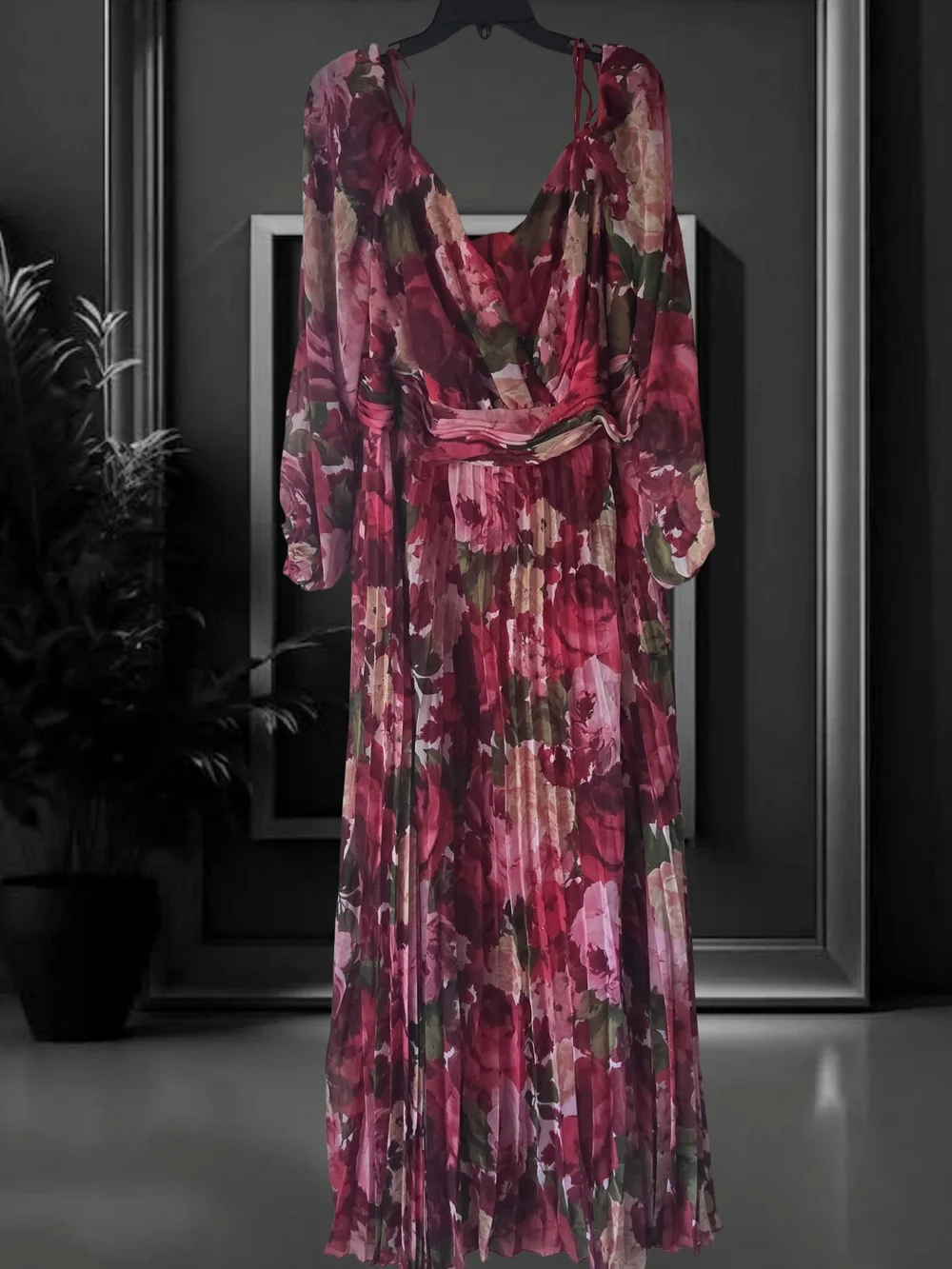 Xscape Plus Size Floral Pleated Maxi Off-The-Shoul Red Olive 20W Dress - Picture 6 of 16